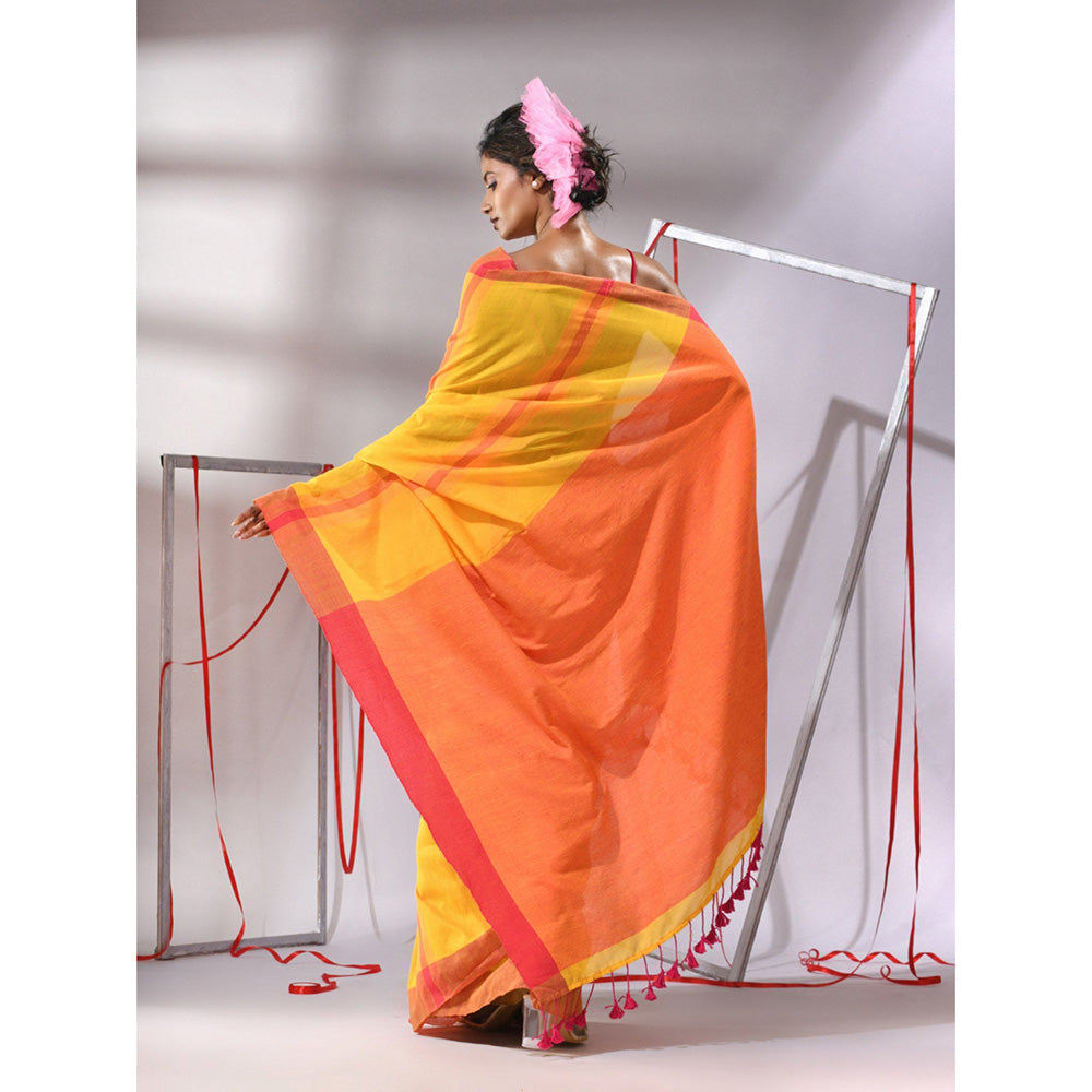 CHARUKRITI Yellow Cotton Texture Stripe Designs Saree with Unstitched Blouse