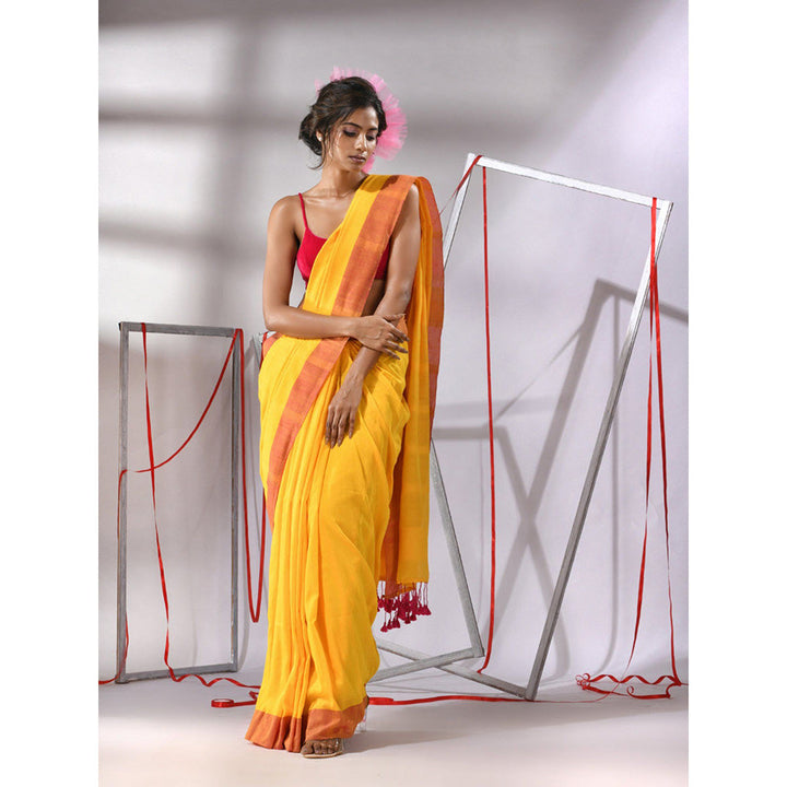 CHARUKRITI Yellow Cotton Solid Border Saree with Unstitched Blouse