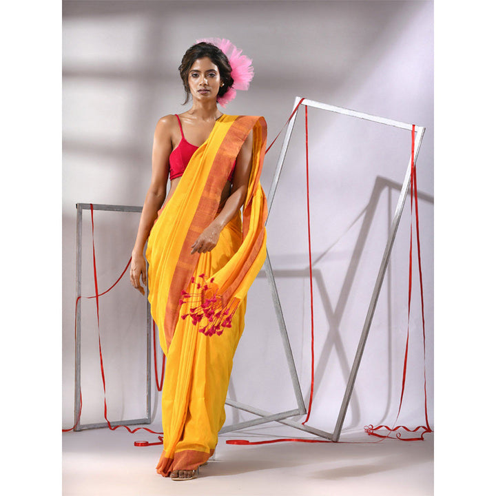 CHARUKRITI Yellow Cotton Solid Border Saree with Unstitched Blouse