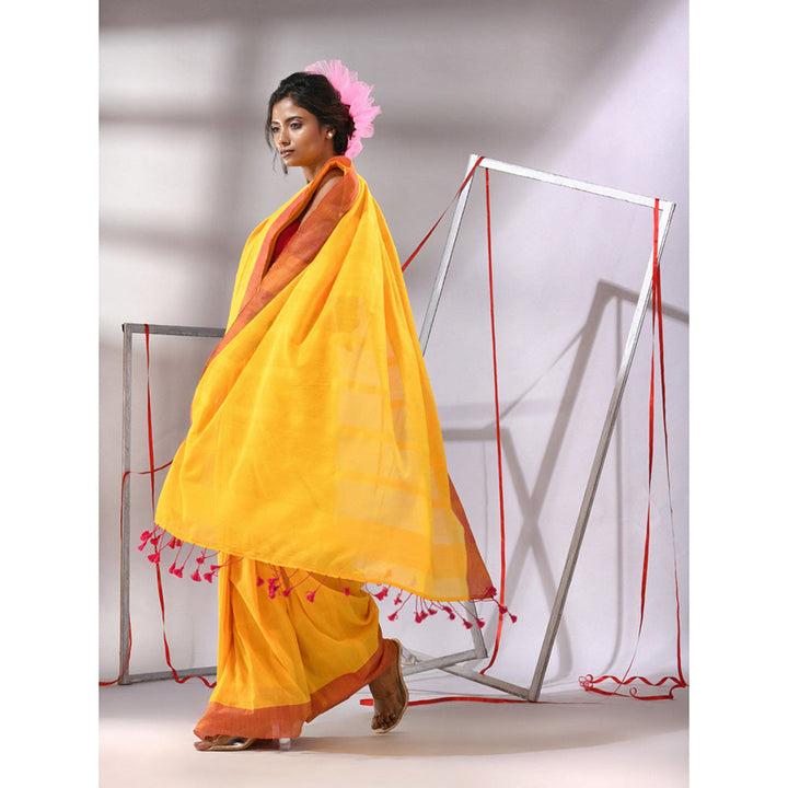 CHARUKRITI Yellow Cotton Solid Border Saree with Unstitched Blouse