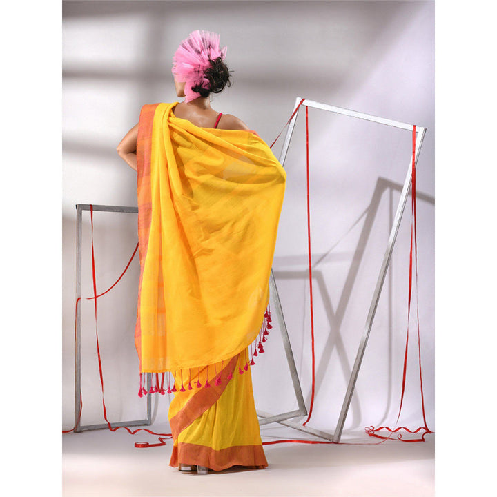 CHARUKRITI Yellow Cotton Solid Border Saree with Unstitched Blouse