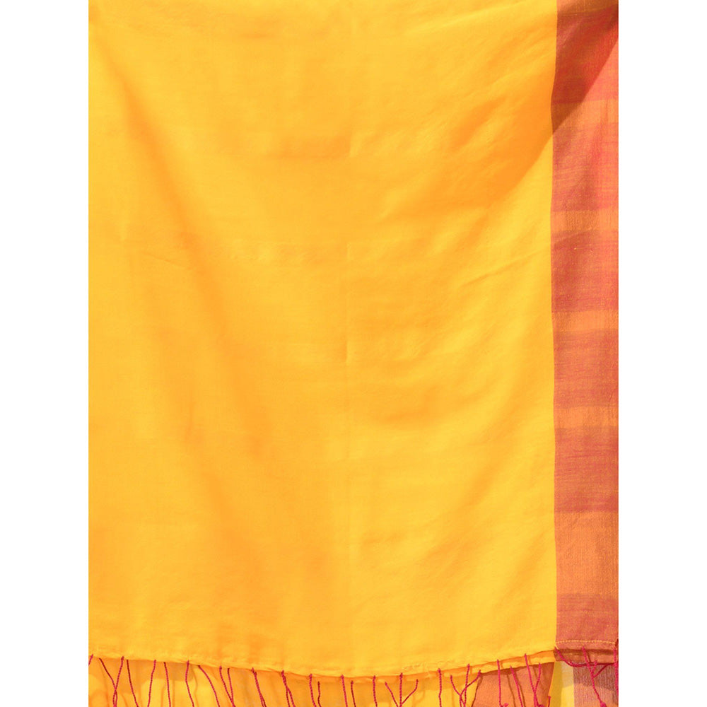 CHARUKRITI Yellow Cotton Solid Border Saree with Unstitched Blouse