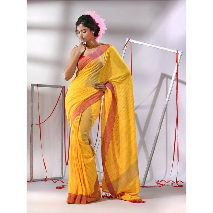 CHARUKRITI Yellow Cotton Stripe Designs Saree with Unstitched Blouse