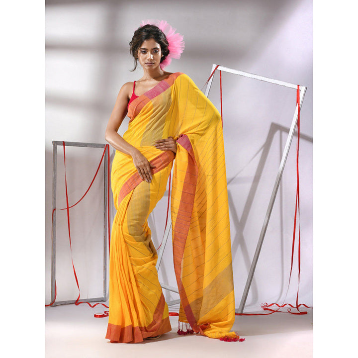 CHARUKRITI Yellow Cotton Stripe Designs Saree with Unstitched Blouse