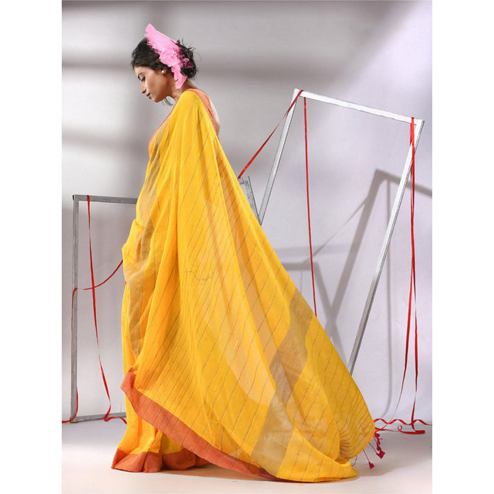 CHARUKRITI Yellow Cotton Stripe Designs Saree with Unstitched Blouse