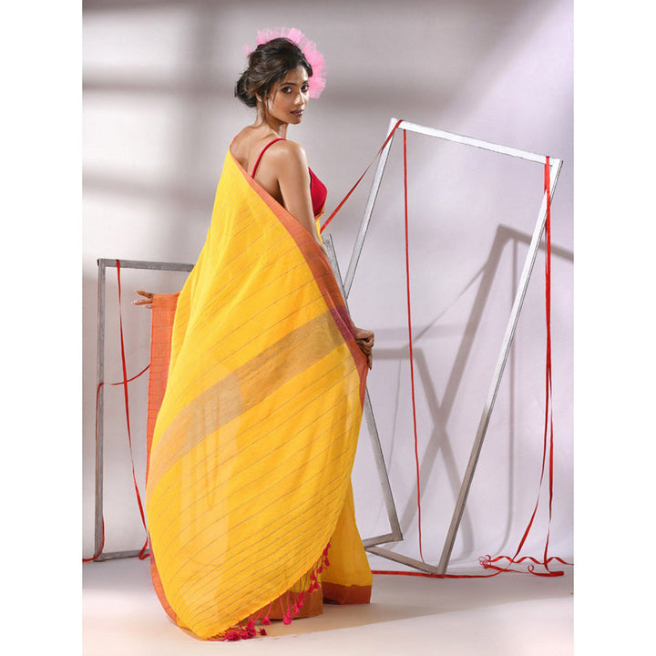 CHARUKRITI Yellow Cotton Stripe Designs Saree with Unstitched Blouse