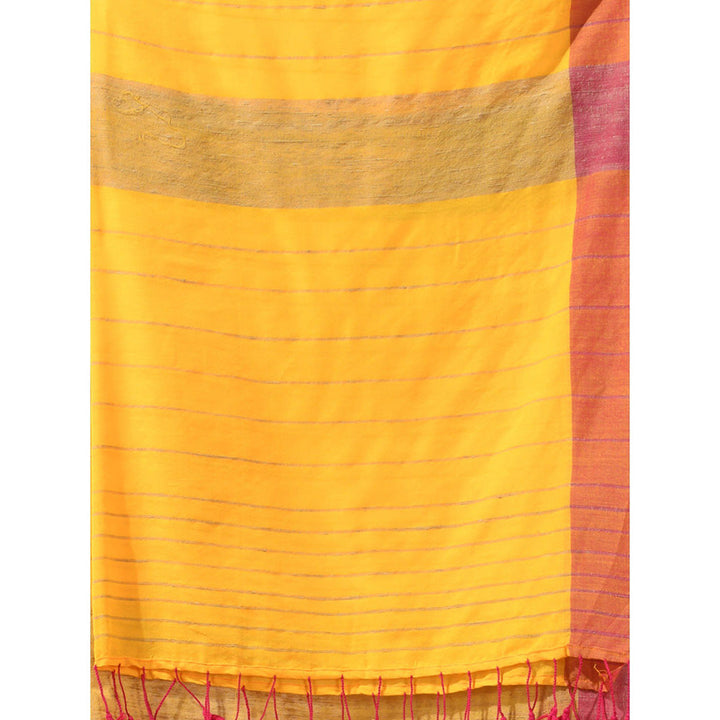 CHARUKRITI Yellow Cotton Stripe Designs Saree with Unstitched Blouse