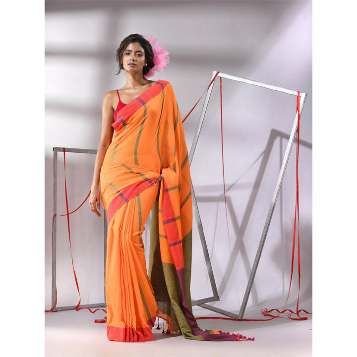 CHARUKRITI Orange Cotton Stripes Designs Saree with Unstitched Blouse