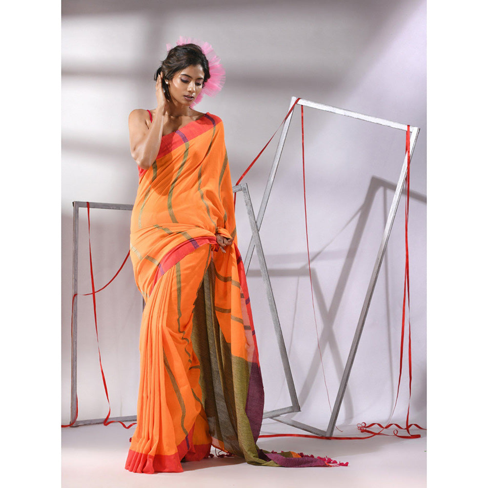 CHARUKRITI Orange Cotton Stripes Designs Saree with Unstitched Blouse