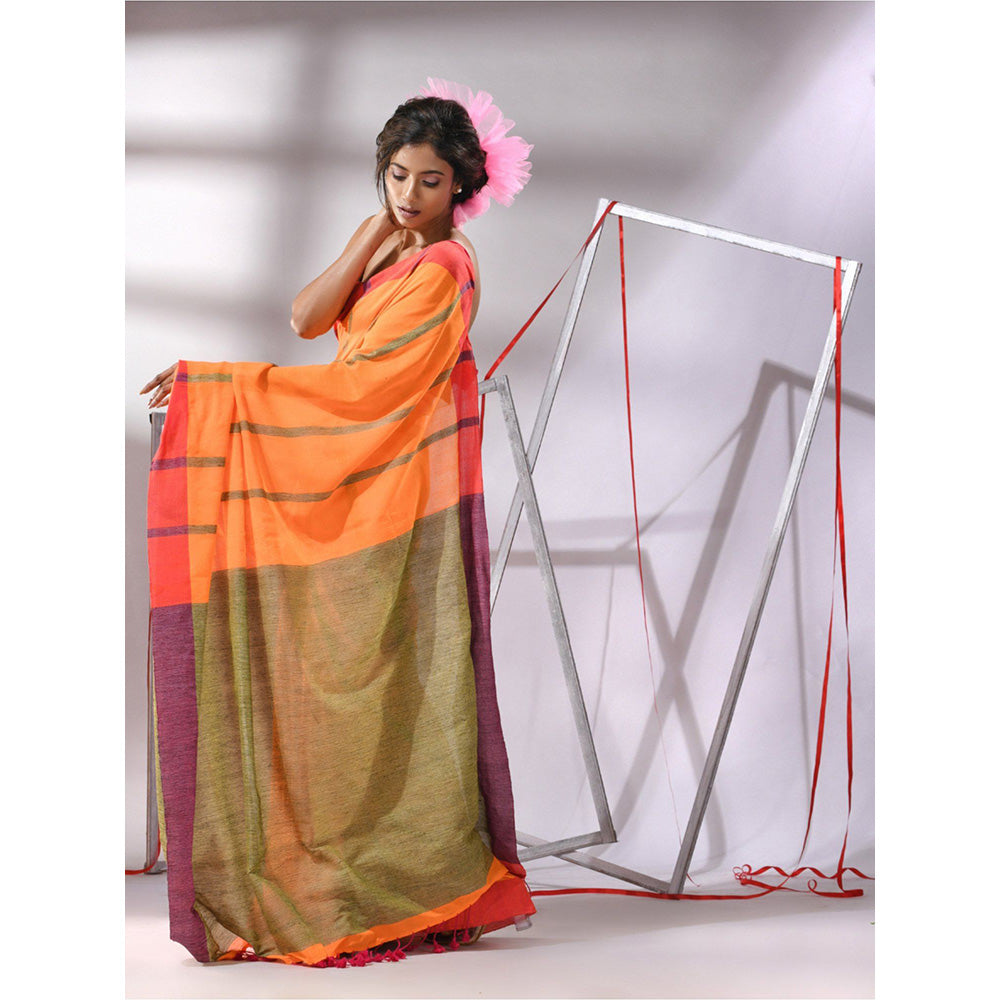 CHARUKRITI Orange Cotton Stripes Designs Saree with Unstitched Blouse