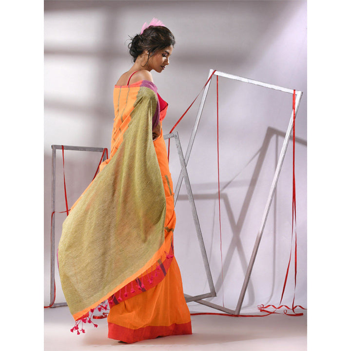 CHARUKRITI Orange Cotton Stripes Designs Saree with Unstitched Blouse