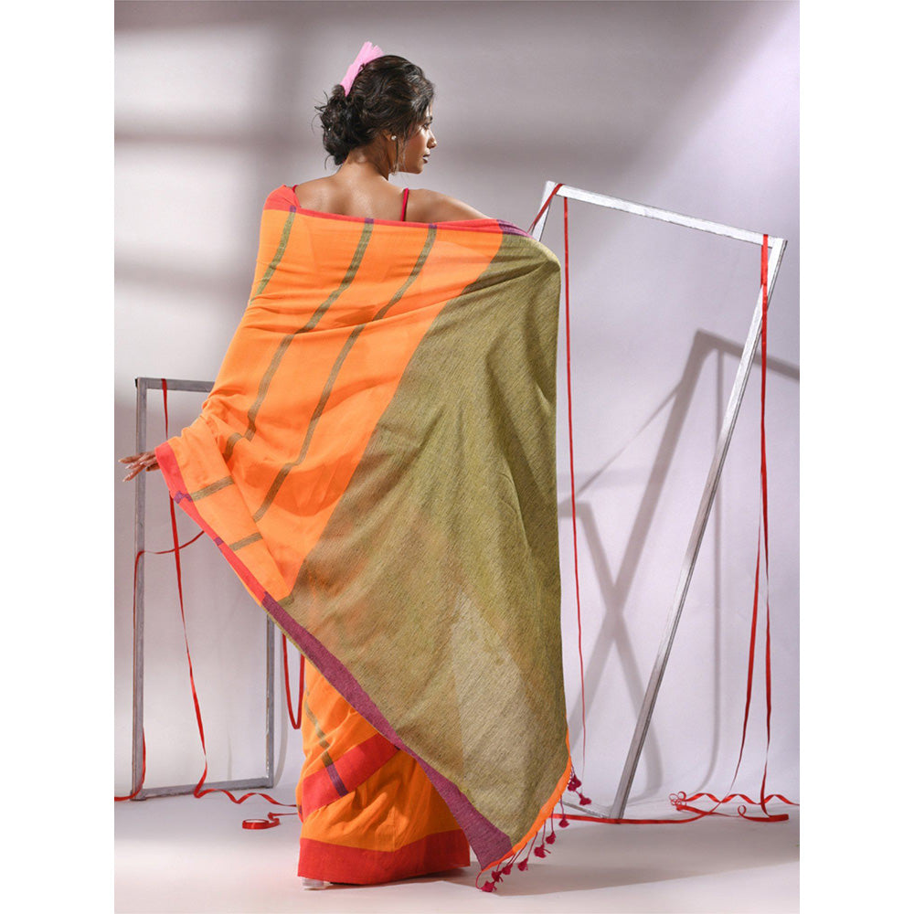 CHARUKRITI Orange Cotton Stripes Designs Saree with Unstitched Blouse