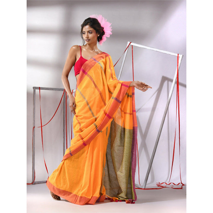 CHARUKRITI Yellow Cotton Stripes Designs Saree with Unstitched Blouse