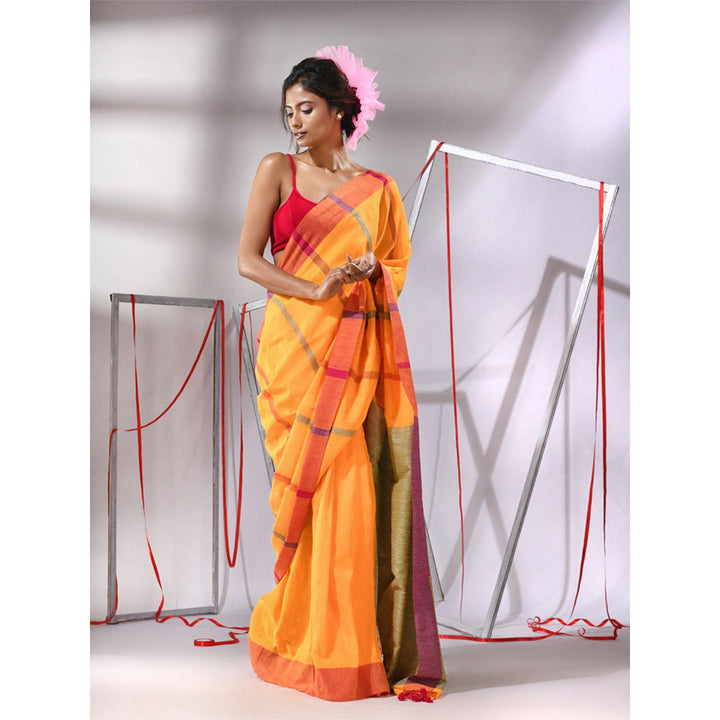 CHARUKRITI Yellow Cotton Stripes Designs Saree with Unstitched Blouse