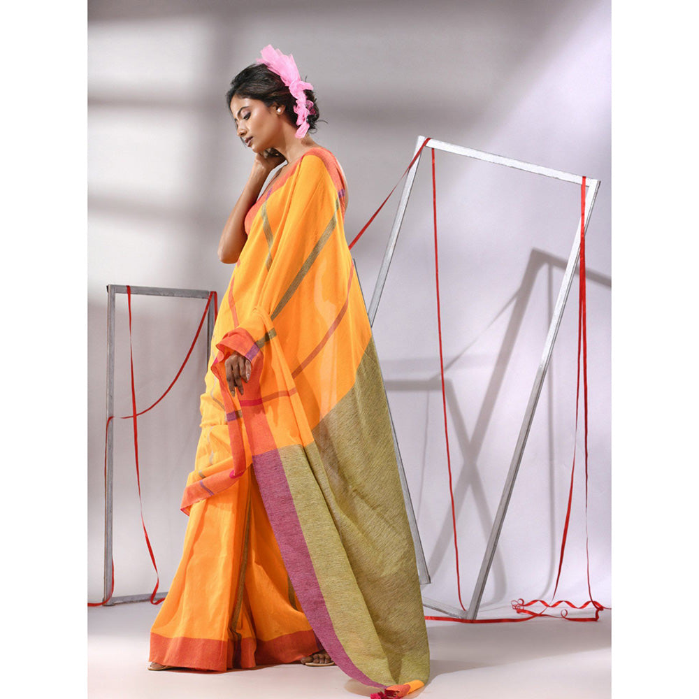 CHARUKRITI Yellow Cotton Stripes Designs Saree with Unstitched Blouse