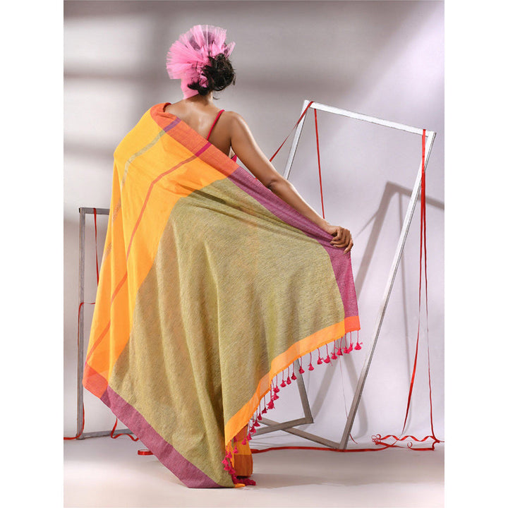 CHARUKRITI Yellow Cotton Stripes Designs Saree with Unstitched Blouse