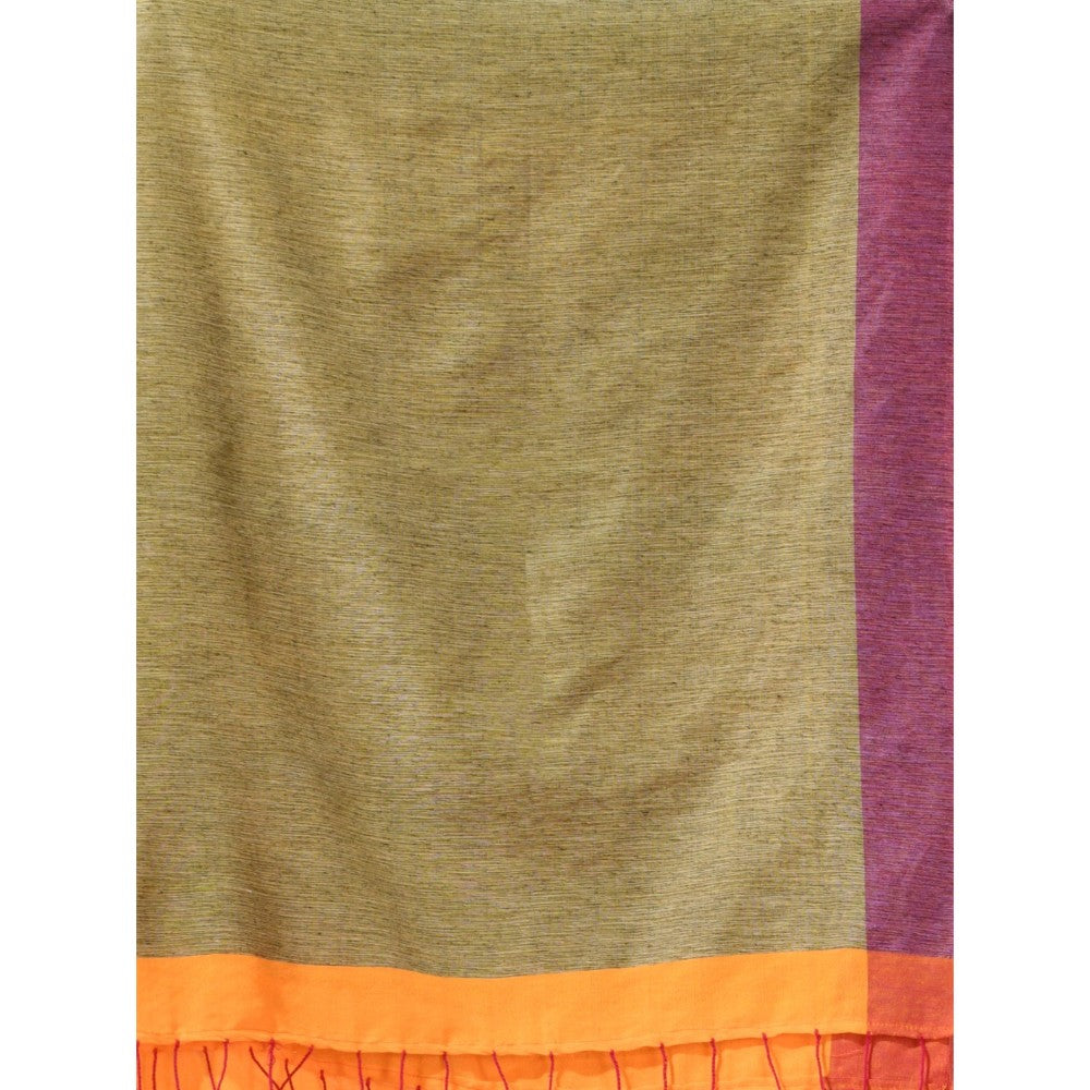 CHARUKRITI Yellow Cotton Stripes Designs Saree with Unstitched Blouse