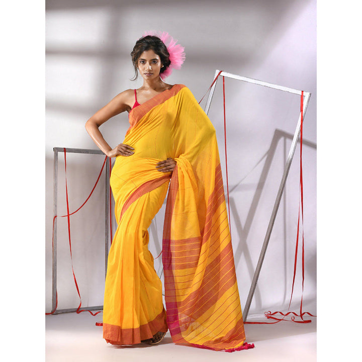 CHARUKRITI Yellow Cotton Sequined Stripes Design Saree with Unstitched Blouse