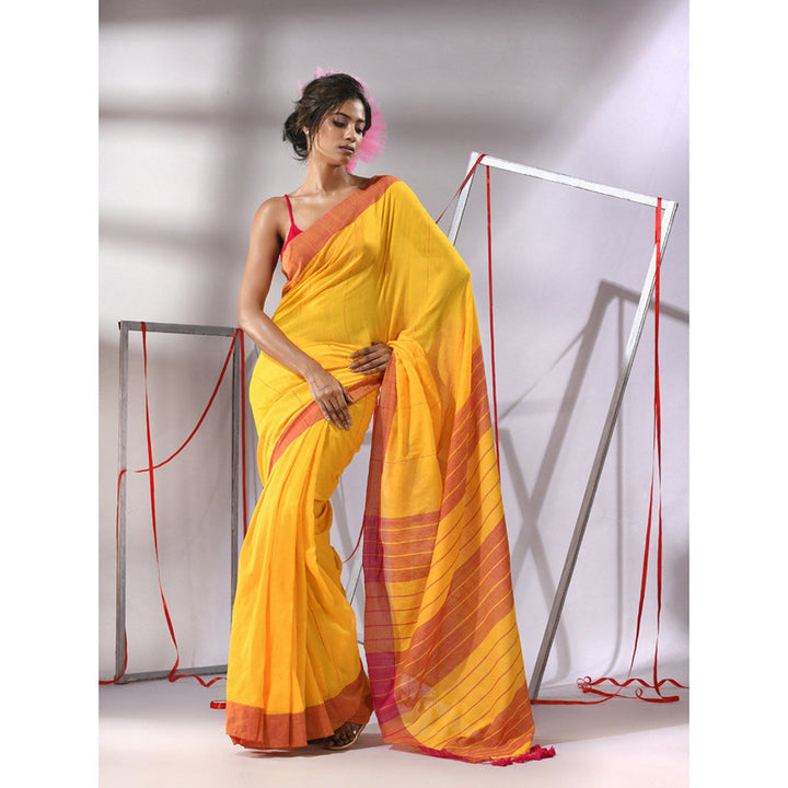 CHARUKRITI Yellow Cotton Sequined Stripes Design Saree with Unstitched Blouse