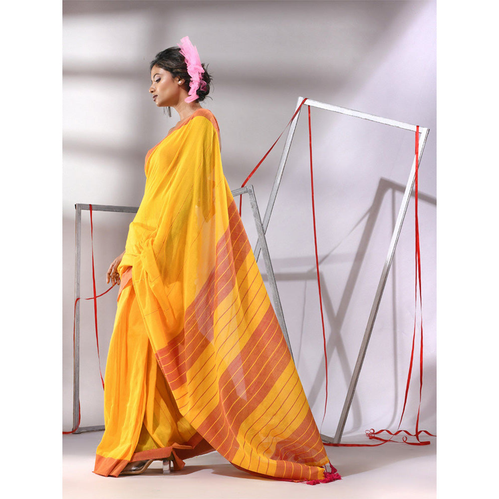 CHARUKRITI Yellow Cotton Sequined Stripes Design Saree with Unstitched Blouse