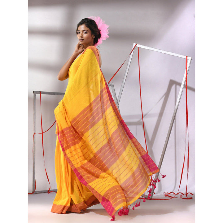 CHARUKRITI Yellow Cotton Sequined Stripes Design Saree with Unstitched Blouse