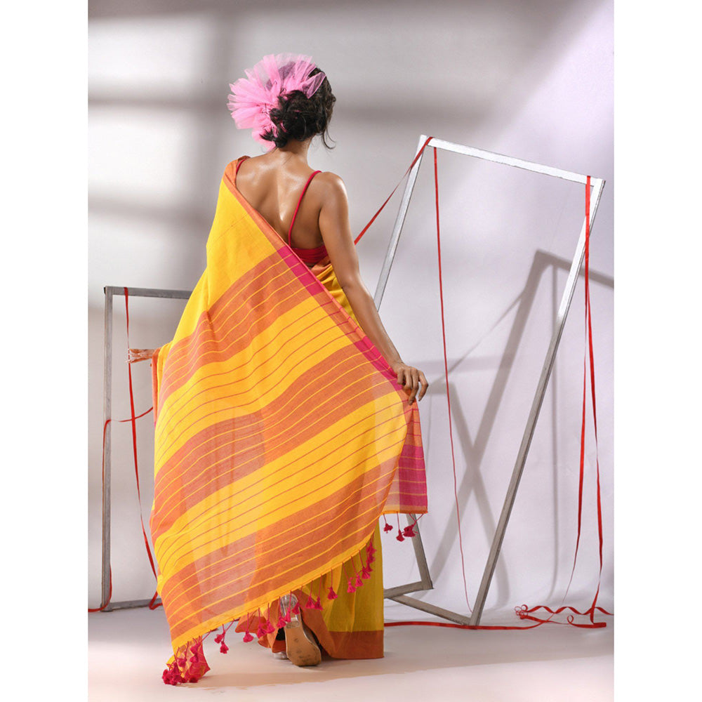 CHARUKRITI Yellow Cotton Sequined Stripes Design Saree with Unstitched Blouse