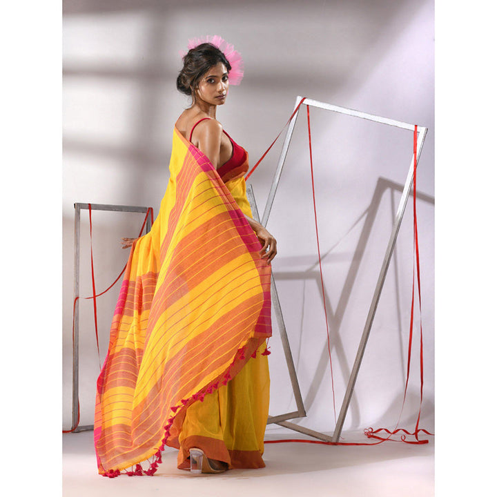 CHARUKRITI Yellow Cotton Sequined Stripes Design Saree with Unstitched Blouse