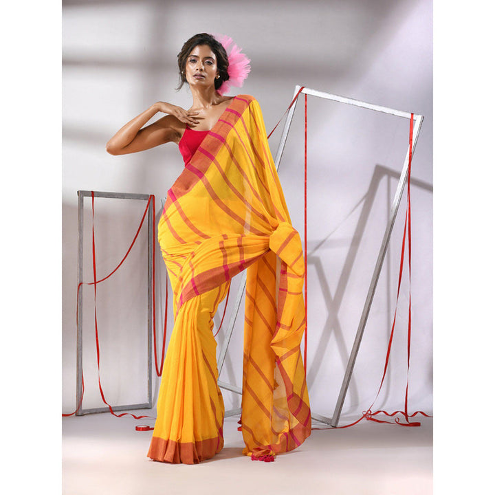 CHARUKRITI Yellow Cotton Stripes Design Saree with Unstitched Blouse