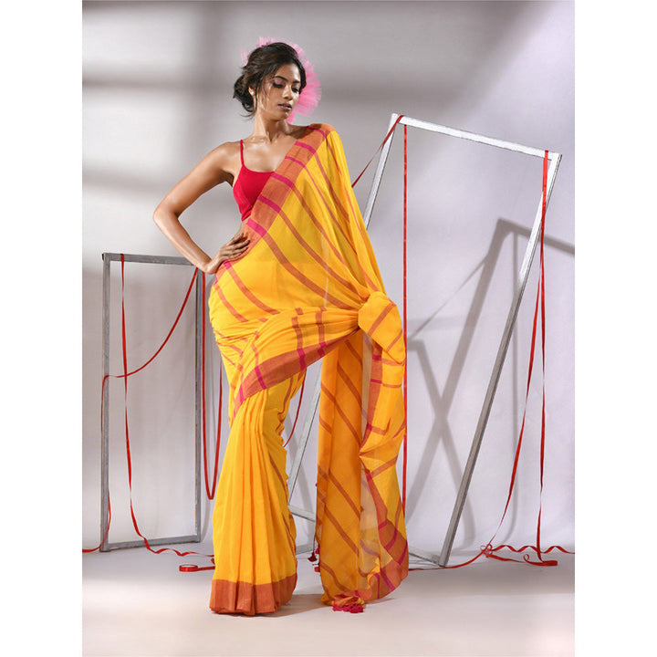 CHARUKRITI Yellow Cotton Stripes Design Saree with Unstitched Blouse