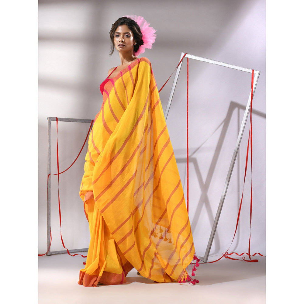 CHARUKRITI Yellow Cotton Stripes Design Saree with Unstitched Blouse