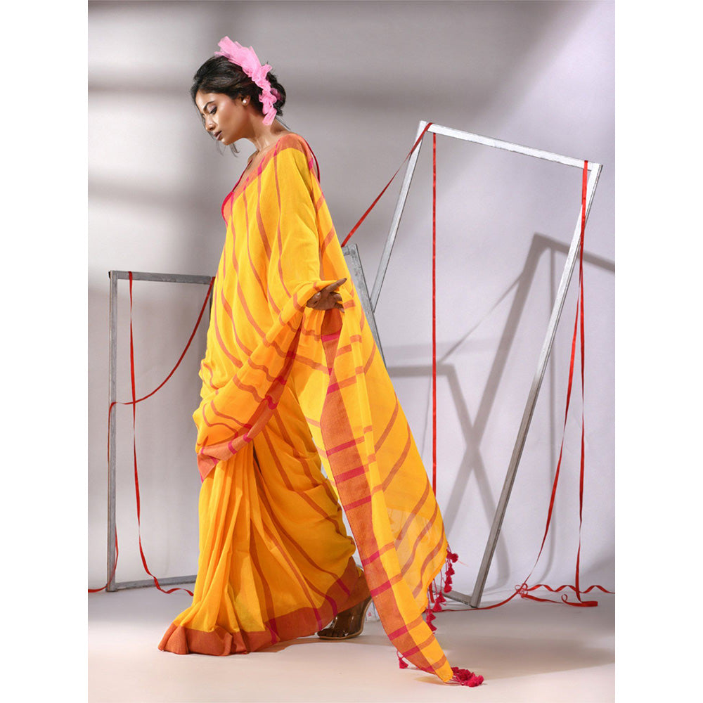 CHARUKRITI Yellow Cotton Stripes Design Saree with Unstitched Blouse