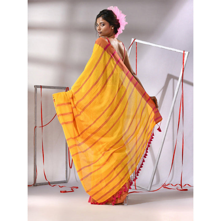 CHARUKRITI Yellow Cotton Stripes Design Saree with Unstitched Blouse