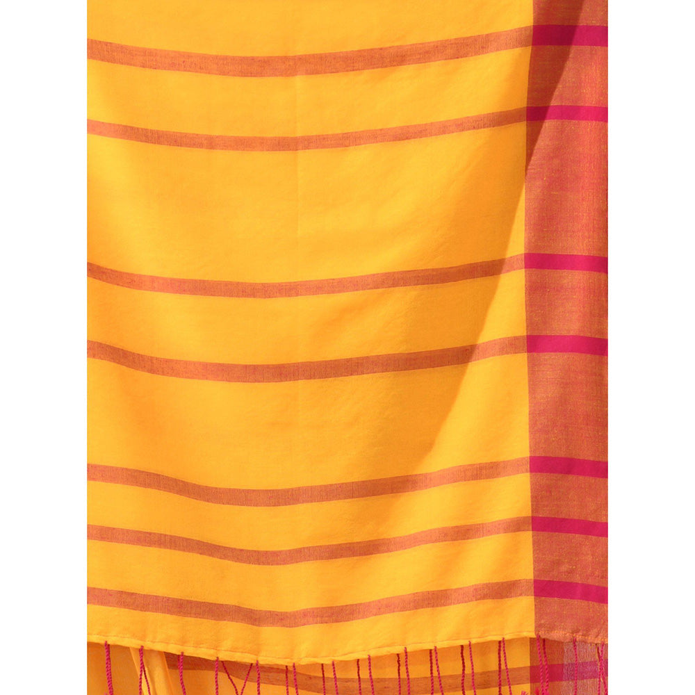 CHARUKRITI Yellow Cotton Stripes Design Saree with Unstitched Blouse