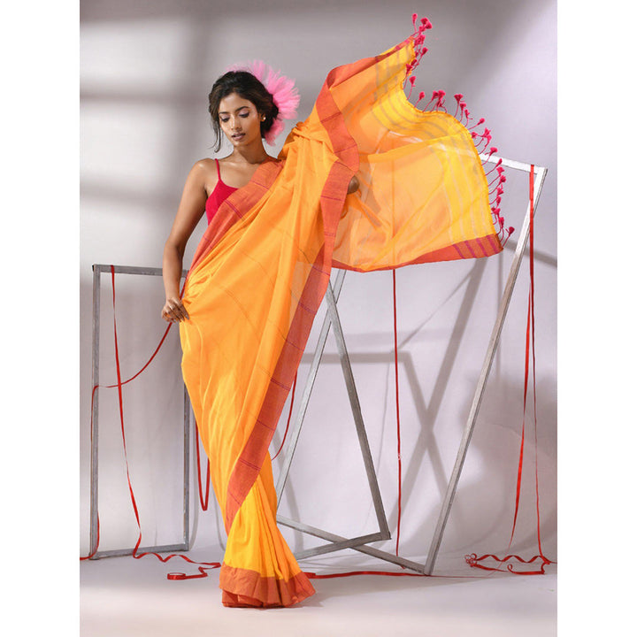 CHARUKRITI Yellow Cotton Zari Stripes Design Saree with Unstitched Blouse