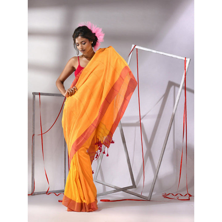 CHARUKRITI Yellow Cotton Zari Stripes Design Saree with Unstitched Blouse