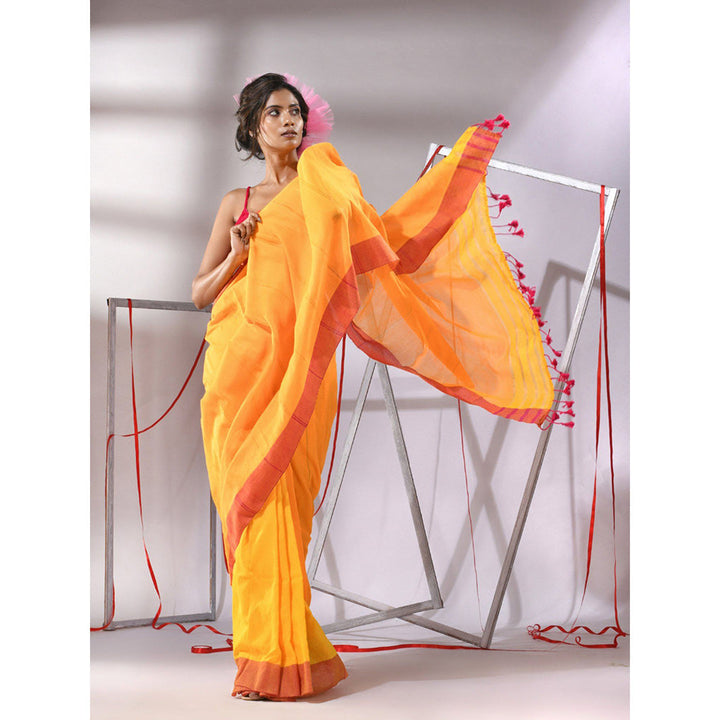 CHARUKRITI Yellow Cotton Zari Stripes Design Saree with Unstitched Blouse