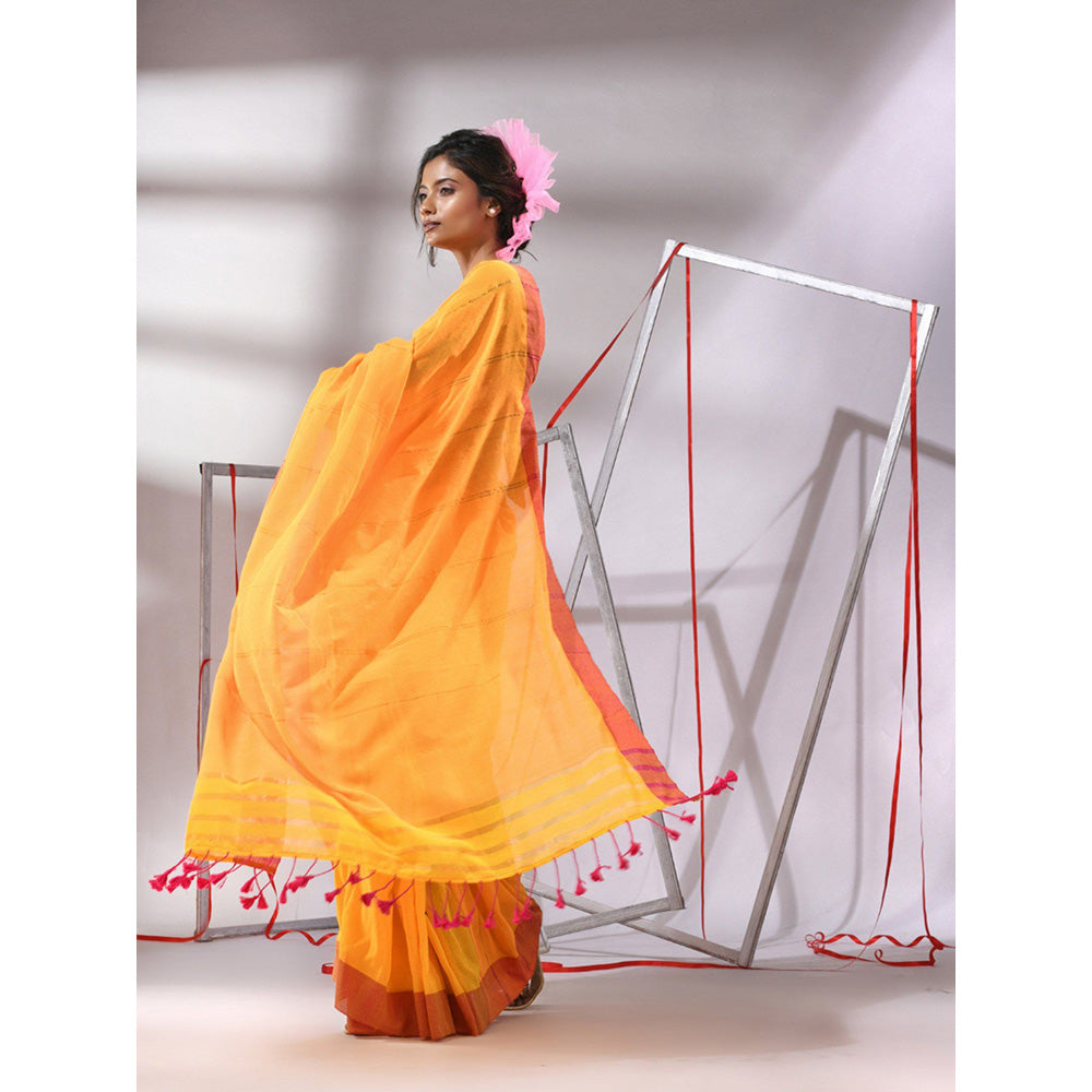 CHARUKRITI Yellow Cotton Zari Stripes Design Saree with Unstitched Blouse