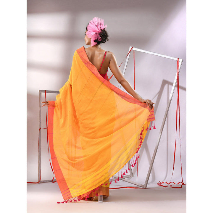 CHARUKRITI Yellow Cotton Zari Stripes Design Saree with Unstitched Blouse