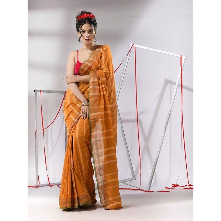 CHARUKRITI Goldenrod Orange Cotton Stripes Design Saree with Unstitched Blouse