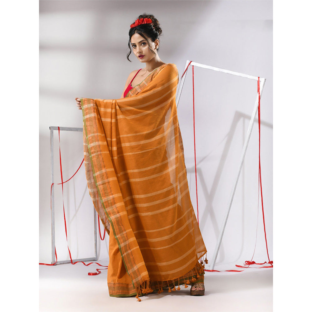 CHARUKRITI Goldenrod Orange Cotton Stripes Design Saree with Unstitched Blouse