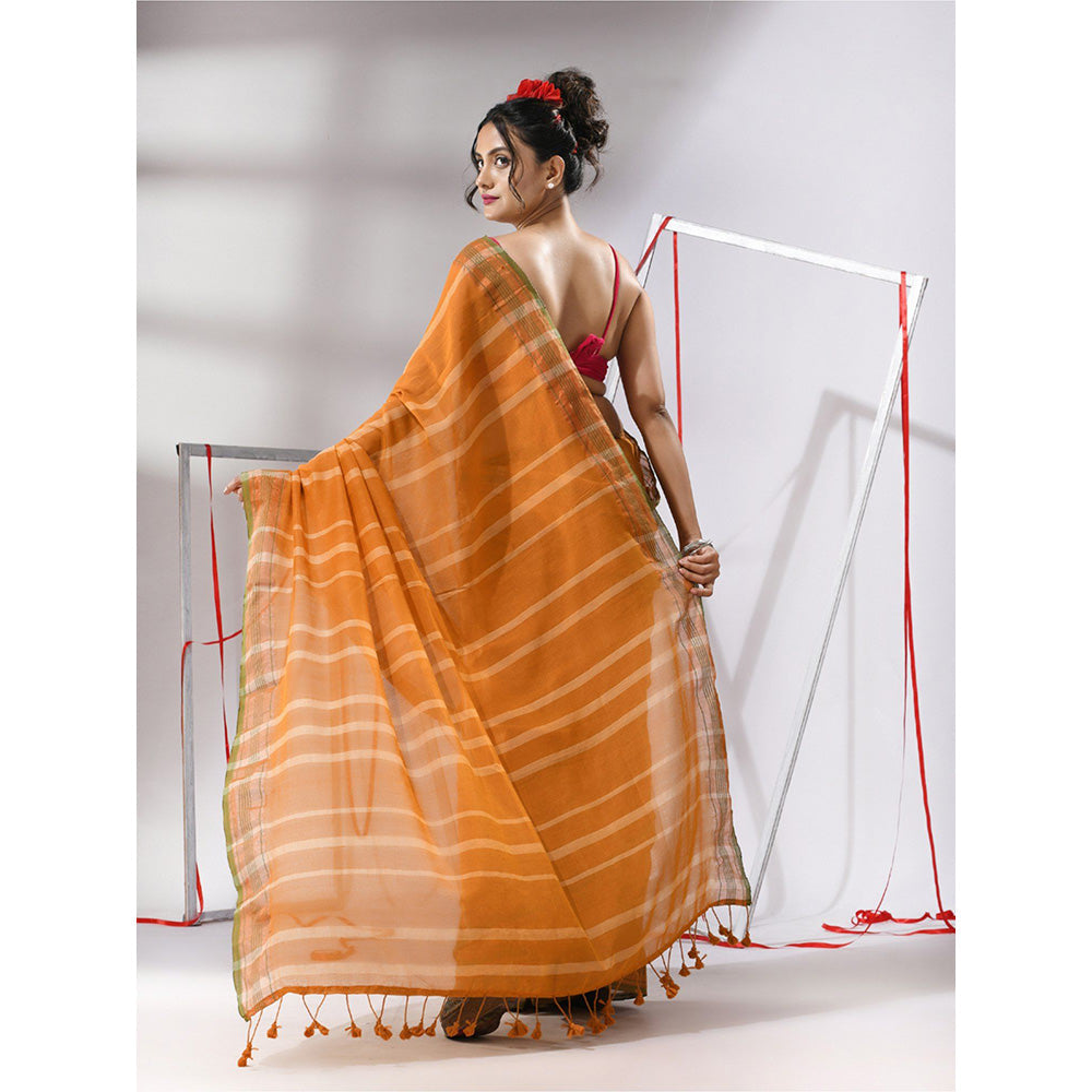 CHARUKRITI Goldenrod Orange Cotton Stripes Design Saree with Unstitched Blouse