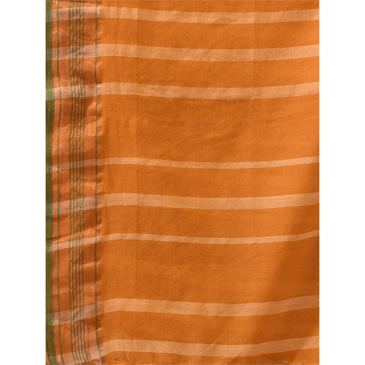 CHARUKRITI Goldenrod Orange Cotton Stripes Design Saree with Unstitched Blouse