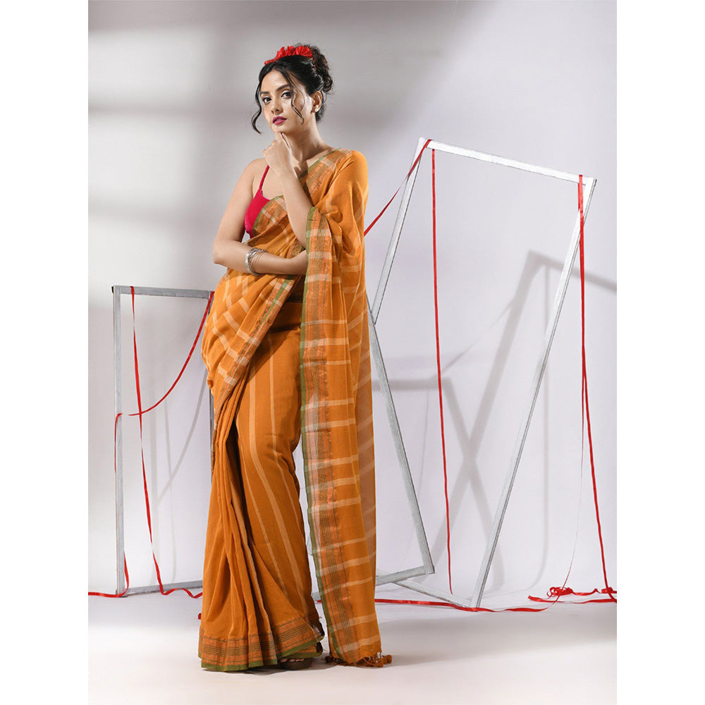 CHARUKRITI Goldenrod Orange Cotton Stripes Design Saree with Unstitched Blouse