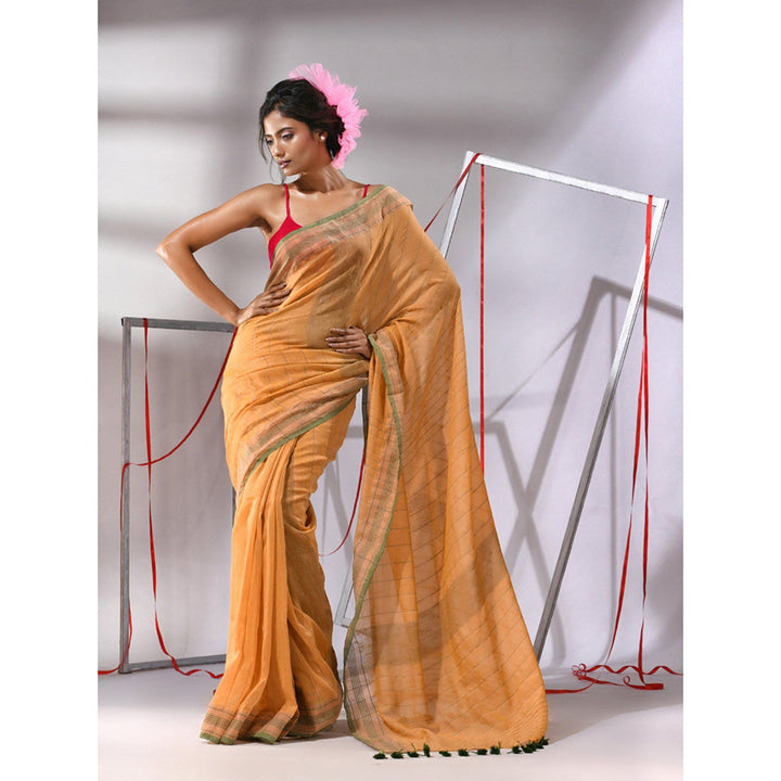 CHARUKRITI Orange Cotton Stripes Design Saree with Unstitched Blouse