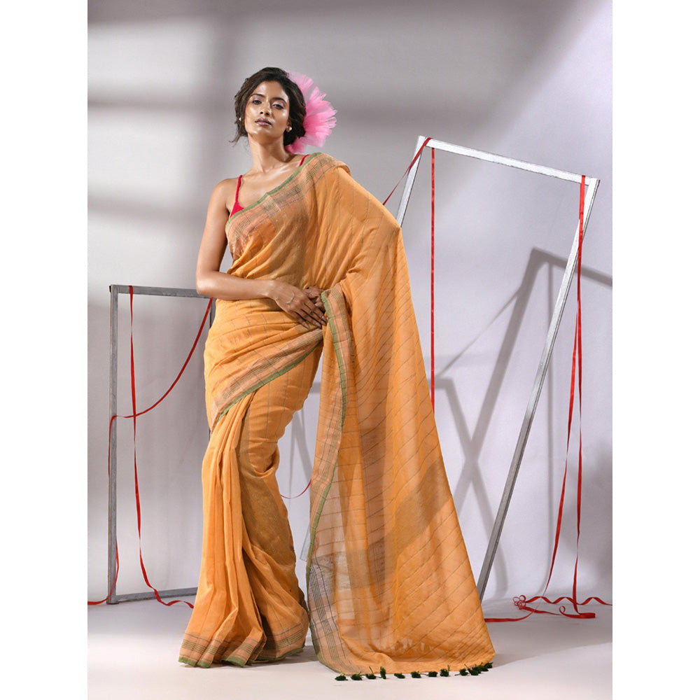 CHARUKRITI Orange Cotton Stripes Design Saree with Unstitched Blouse