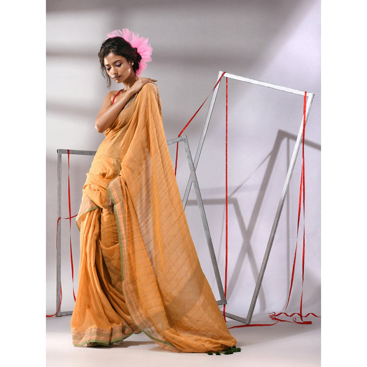 CHARUKRITI Orange Cotton Stripes Design Saree with Unstitched Blouse