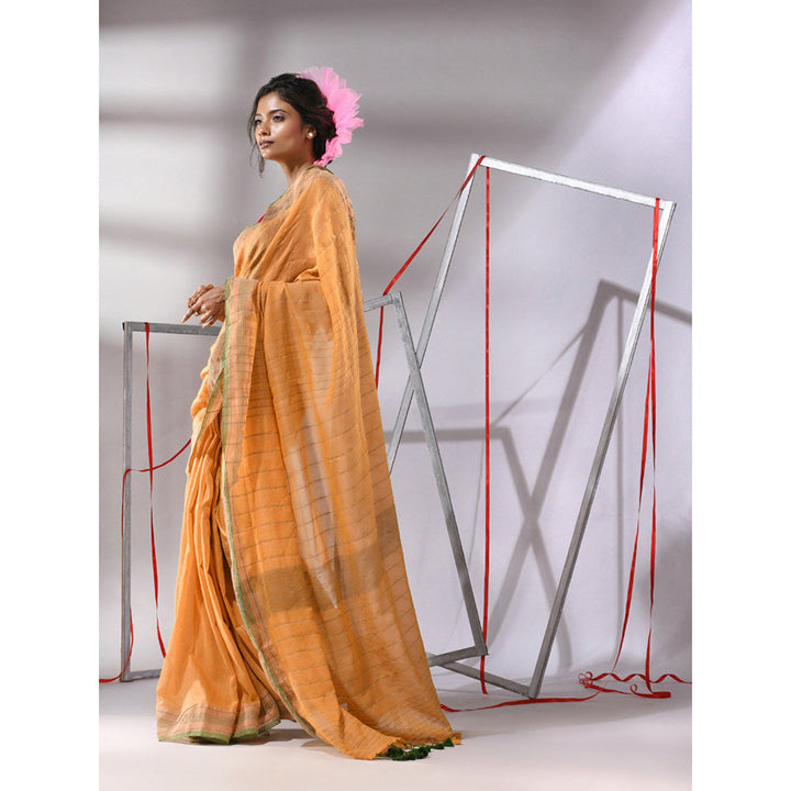 CHARUKRITI Orange Cotton Stripes Design Saree with Unstitched Blouse