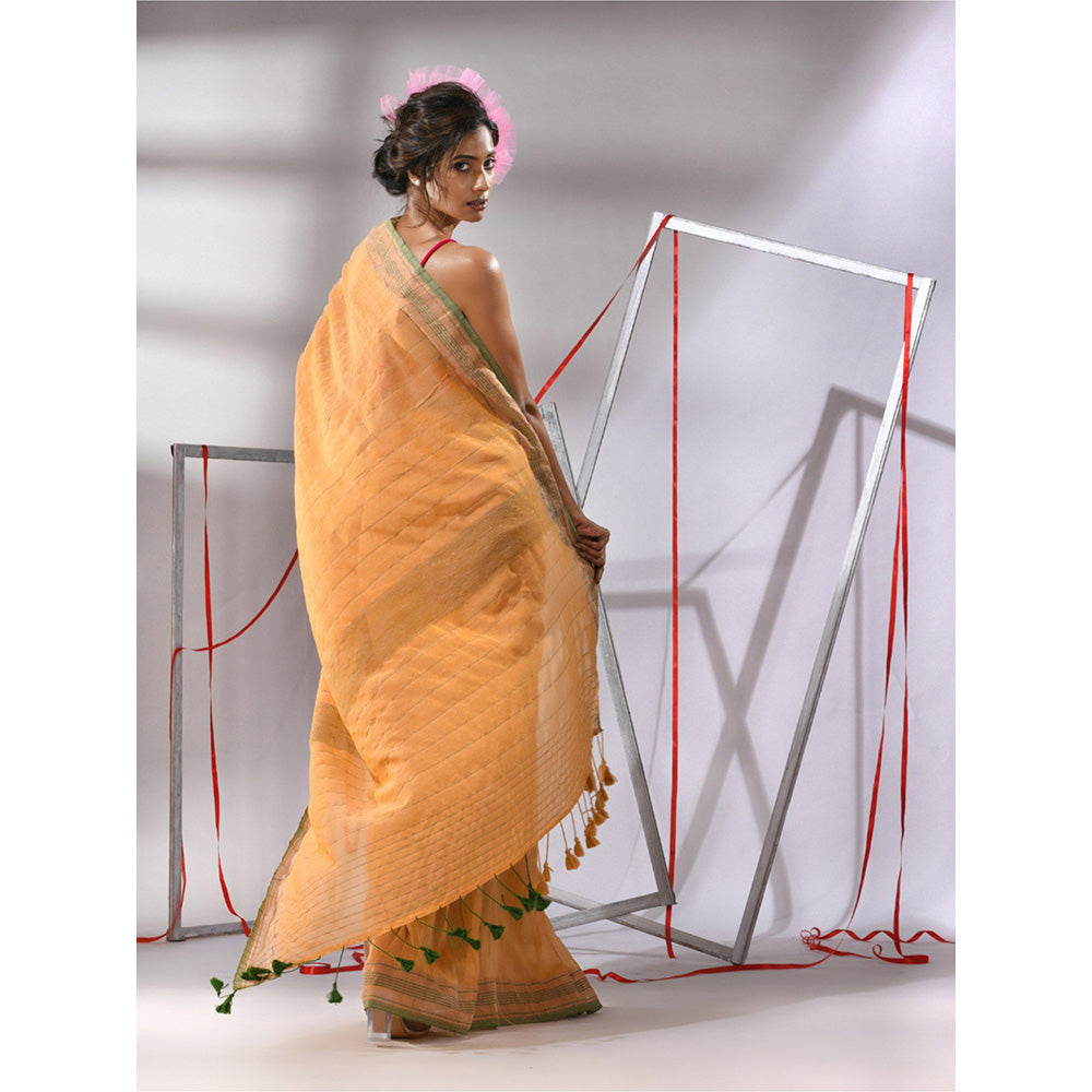 CHARUKRITI Orange Cotton Stripes Design Saree with Unstitched Blouse