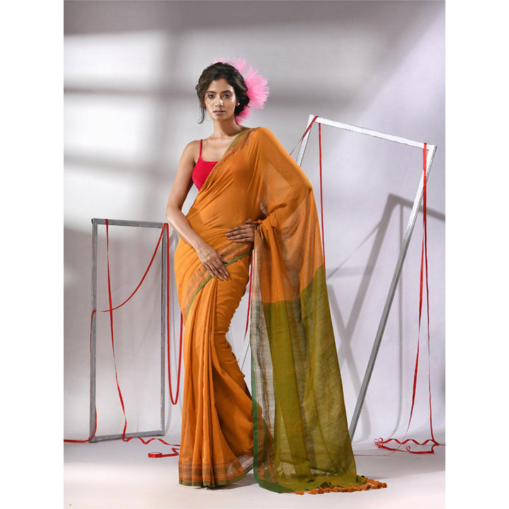 CHARUKRITI Orange Cotton Zari Border Saree with Unstitched Blouse