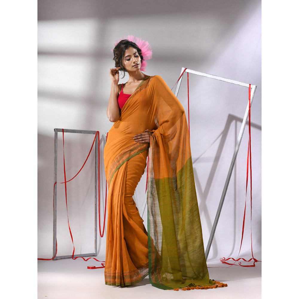 CHARUKRITI Orange Cotton Zari Border Saree with Unstitched Blouse